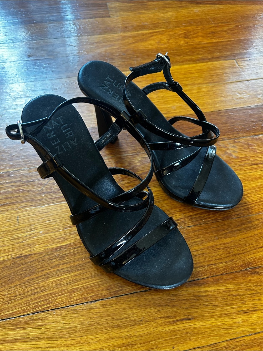 Naturalizer Black Patent Strappy Mid-Heel Sandals - Picture 2 of 5